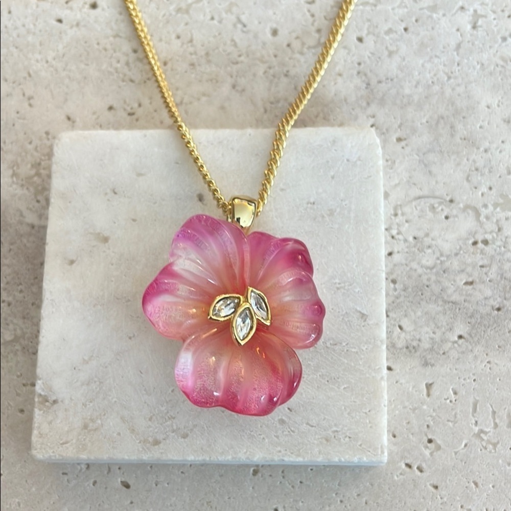 Alexis Bittar Pink Lucite Flower Necklace Gold Crystal Floral Pendant Statement
